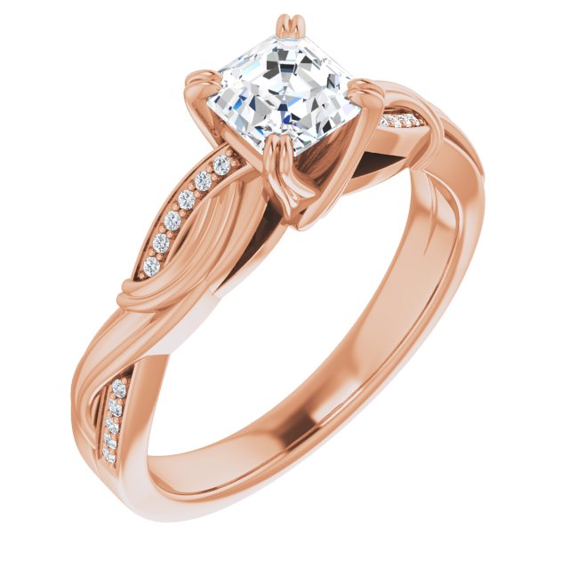 10K Rose Gold Customizable Cathedral-raised Asscher Cut Design featuring Rope-Braided Half-Pavé Band