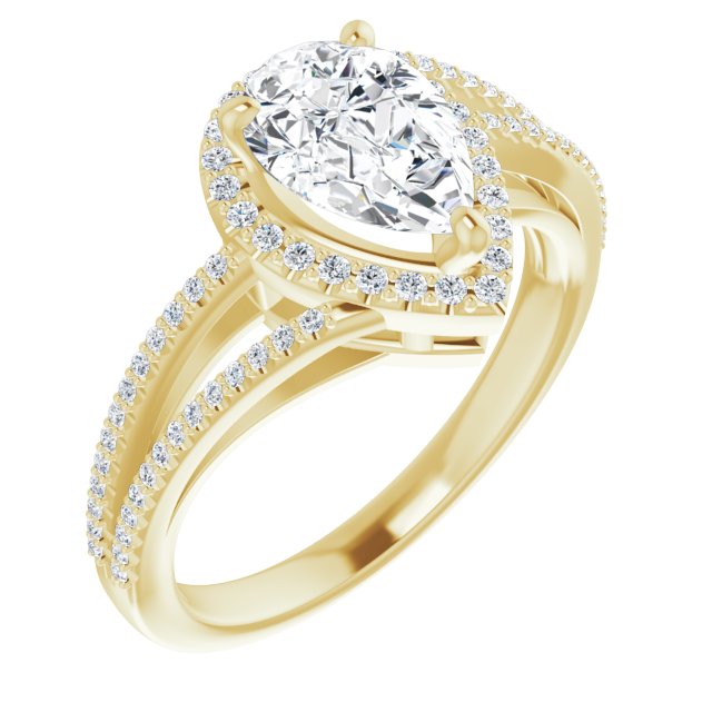 10K Yellow Gold Customizable Pear Cut Vintage Design with Halo Style and Asymmetrical Split-Pavé Band