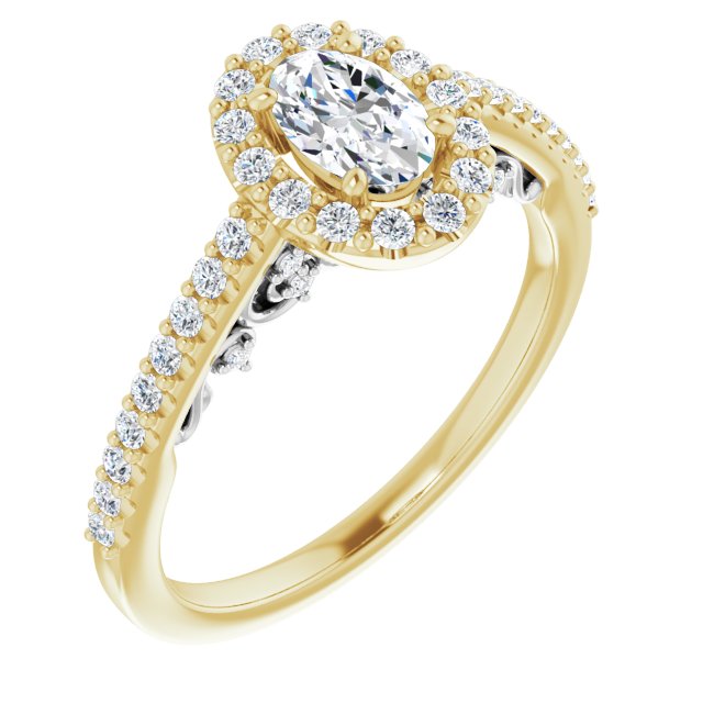 14K Yellow & White Gold Customizable Cathedral-Halo Oval Cut Design with Carved Metal Accent plus Pavé Band