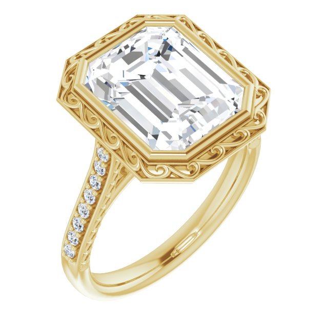 10K Yellow Gold Customizable Cathedral-Bezel Emerald/Radiant Cut Design featuring Accented Band with Filigree Inlay