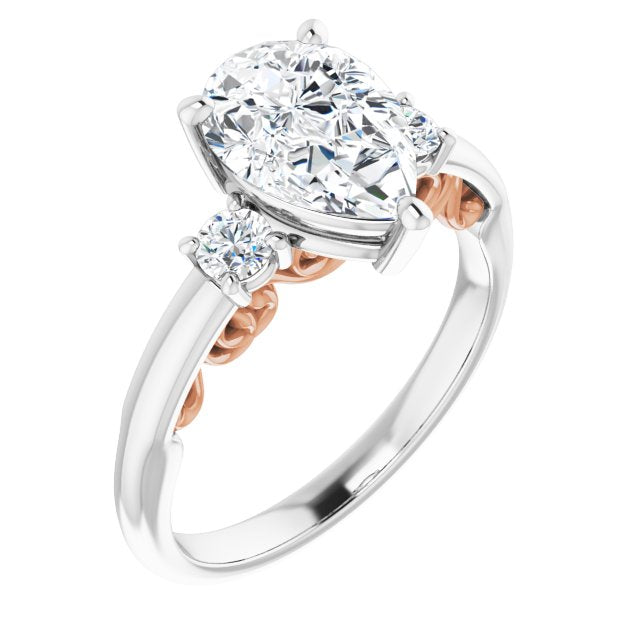 14K White & Rose Gold Customizable Pear Cut 3-stone Style featuring Heart-Motif Band Enhancement