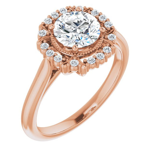 10K Rose Gold Customizable Round Cut Design with Majestic Crown Halo and Raised Illusion Setting