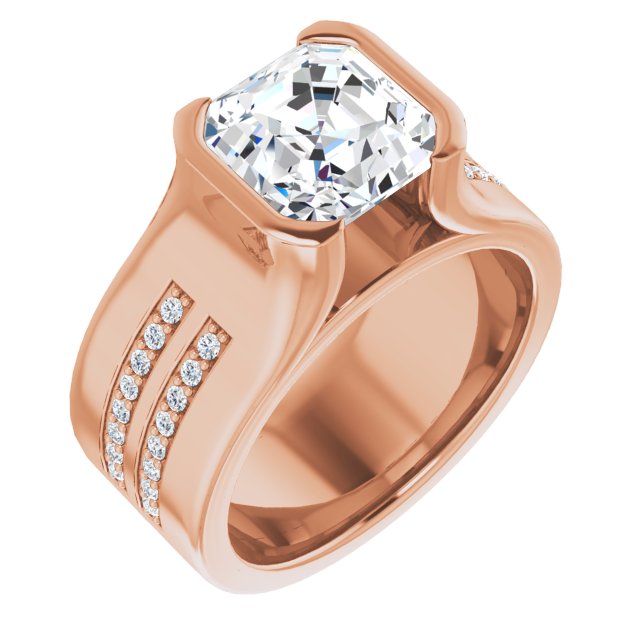 10K Rose Gold Customizable Bezel-set Asscher Cut Design with Thick Band featuring Double-Row Shared Prong Accents