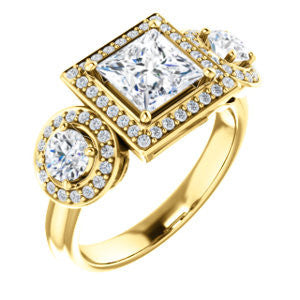 Cubic Zirconia Engagement Ring- The Justine (Customizable Princess Cut Center 3-Stone Halo-Style)