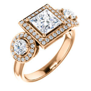 Cubic Zirconia Engagement Ring- The Justine (Customizable Princess Cut Center 3-Stone Halo-Style)