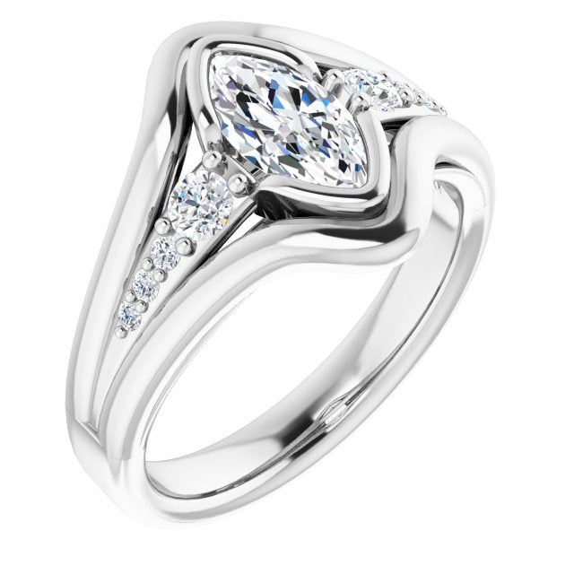 10K White Gold Customizable 9-stone Marquise Cut Design with Bezel Center, Wide Band and Round Prong Side Stones