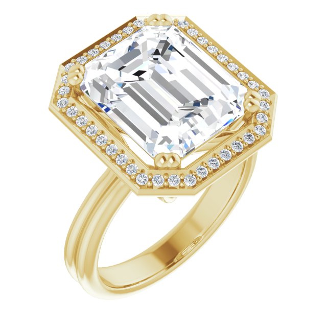 10K Yellow Gold Customizable Emerald/Radiant Cut Style with Scooped Halo and Grooved Band