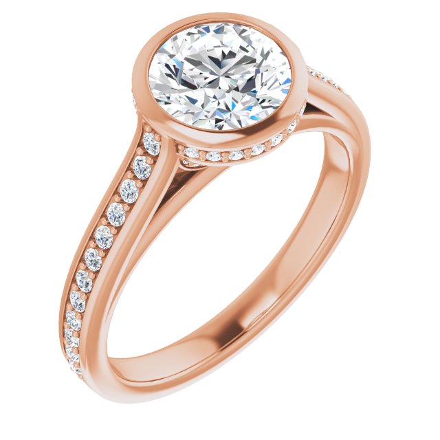 10K Rose Gold Customizable Cathedral-Bezel Round Cut Design with Under Halo and Shared Prong Band