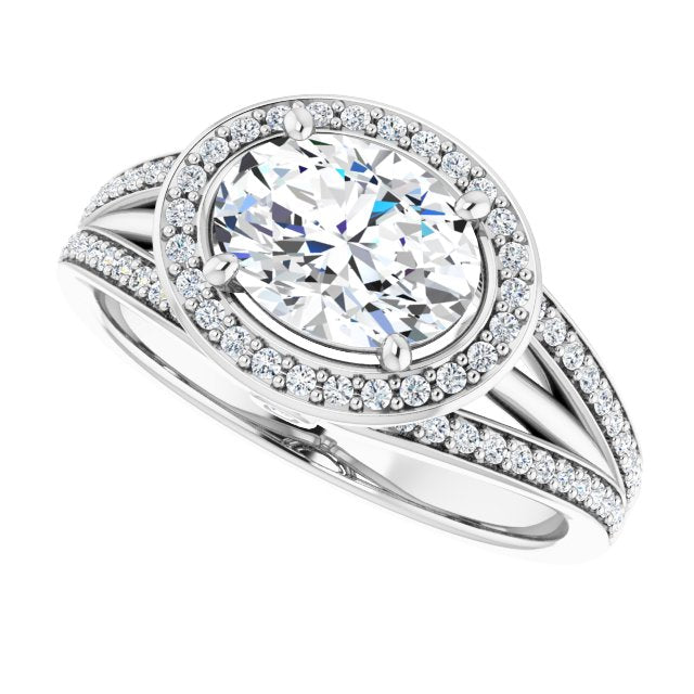Cubic Zirconia Engagement Ring- The Hanna Jo (Customizable High-set Oval Cut Design with Halo, Wide Tri-Split Shared Prong Band and Round Bezel Peekaboo Accents)