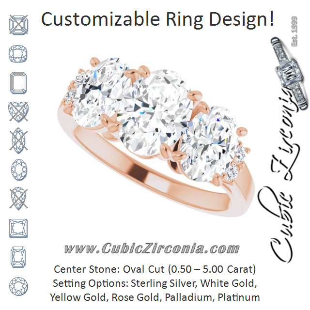 Cubic Zirconia Engagement Ring- The Skylah (Customizable Triple Oval Cut Design with Quad Vertical-Oriented Round Accents)