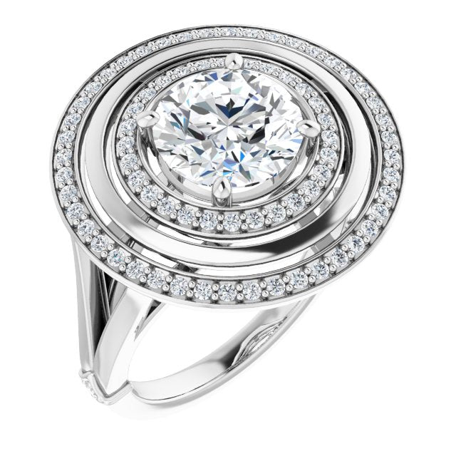 10K White Gold Customizable Round Cut Oversized 2x Halo Style with Knuckle Accented Split Band