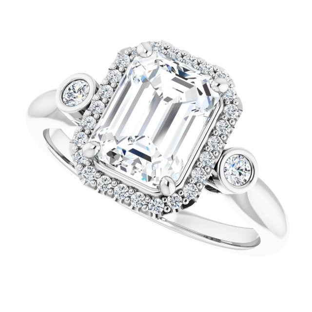 Cubic Zirconia Engagement Ring- The Adoración (Customizable Emerald Cut Style with Halo and Twin Round Bezel Accents)