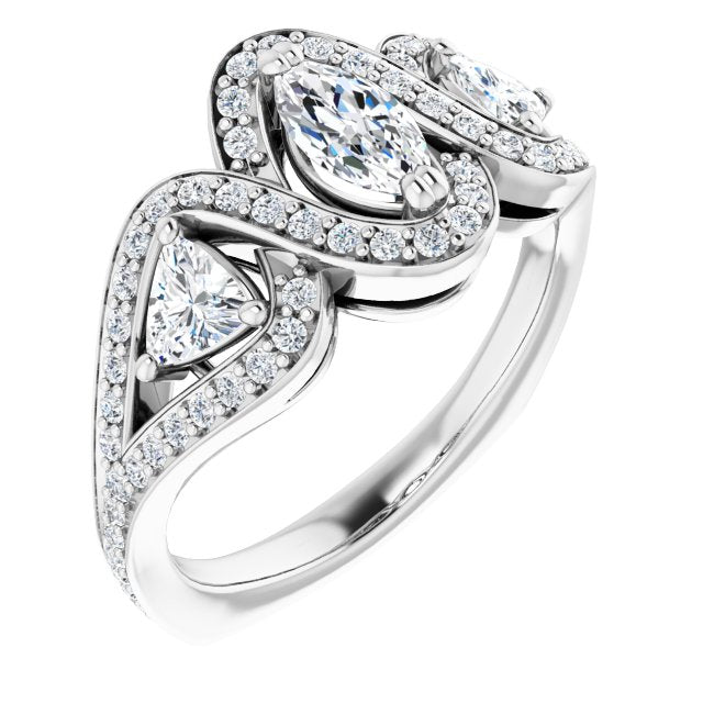 10K White Gold Customizable Marquise Cut Center with Twin Trillion Accents, Twisting Shared Prong Split Band, and Halo