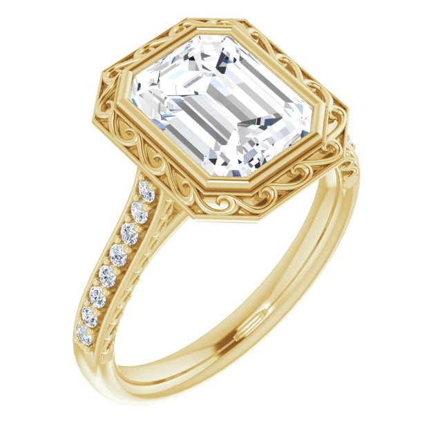 10K Yellow Gold Customizable Cathedral-Bezel Emerald/Radiant Cut Design featuring Accented Band with Filigree Inlay