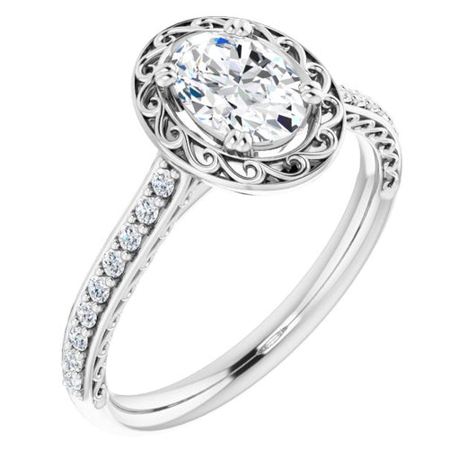 10K White Gold Customizable Oval Cut Halo Design with Filigree and Accented Band