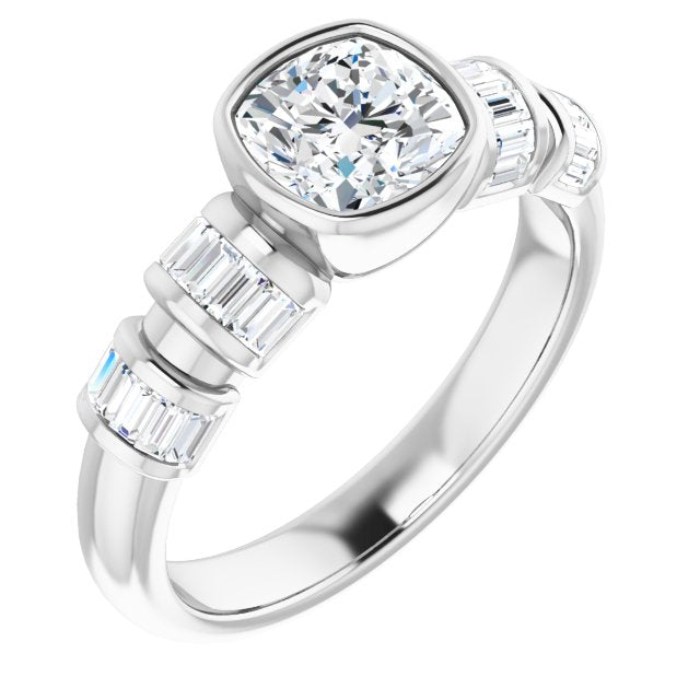 10K White Gold Customizable Bezel-set Cushion Cut Design with Quad Horizontal Band Sleeves of Baguette Accents