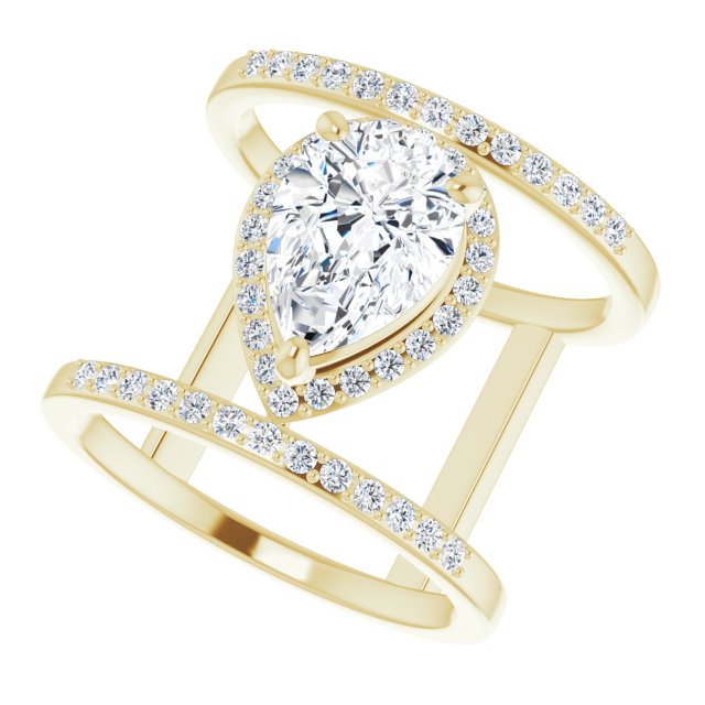 Cubic Zirconia Engagement Ring- The Jersey (Customizable Pear Cut Halo Design with Open, Ultrawide Harness Double Pavé Band)