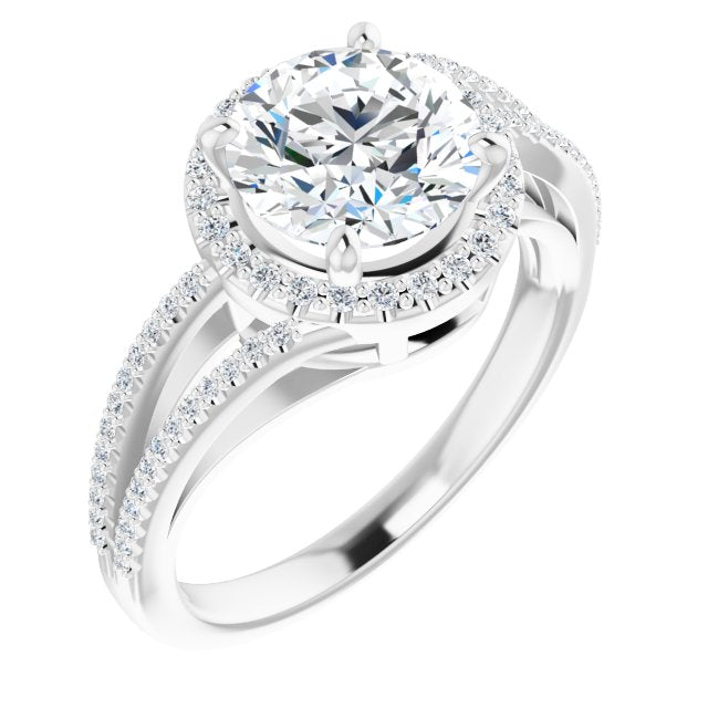Cubic Zirconia Engagement Ring- The Claudette (Customizable Round Cut Vintage Design with Halo Style and Asymmetrical Split-Pavé Band)