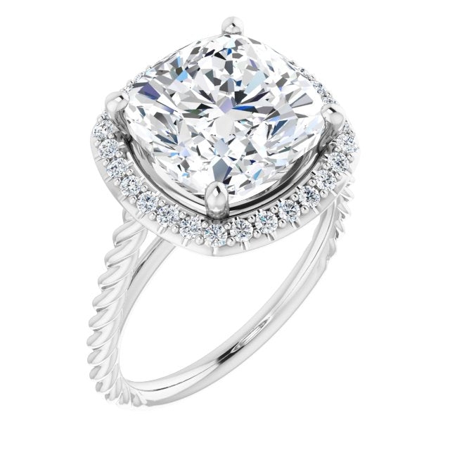 10K White Gold Customizable Cathedral-set Cushion Cut Design with Halo and Twisty Rope Band