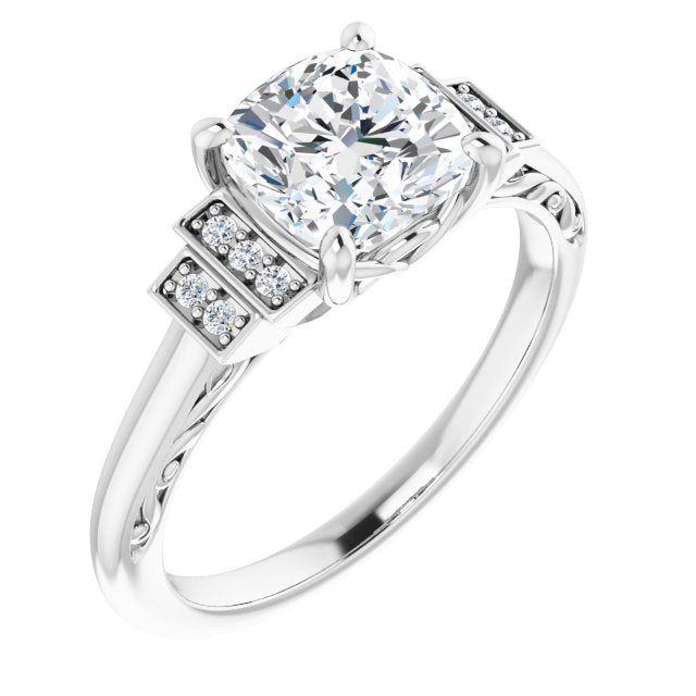 Cubic Zirconia Engagement Ring- The Brynhild (Customizable Engraved Design with Cushion Cut Center and Perpendicular Band Accents)