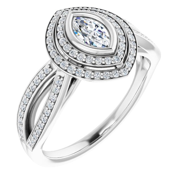 10K White Gold Customizable Bezel-set Marquise Cut Style with Double Halo and Split Shared Prong Band