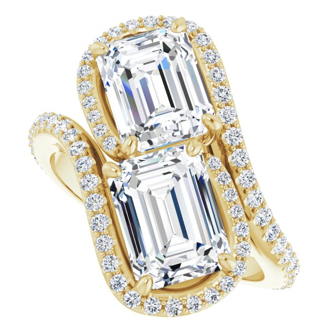 Cubic Zirconia Engagement Ring- The Anushka (Customizable Double Emerald Cut 2-Stone Style Enhanced with Accented Artisan Bypass Band)