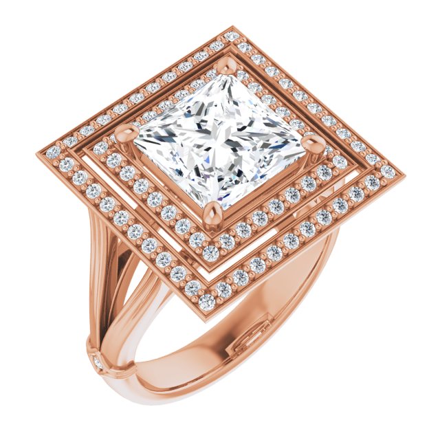 10K Rose Gold Customizable Cathedral-set Princess/Square Cut Design with Double Halo, Wide Split Band and Side Knuckle Accents