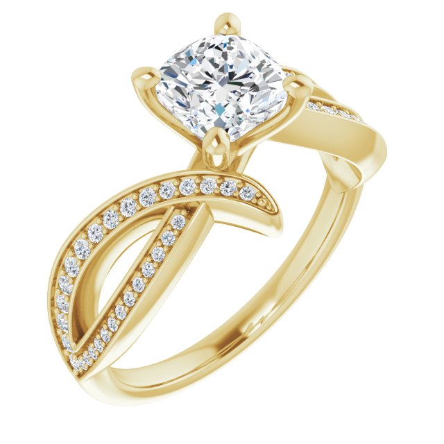 10K Yellow Gold Customizable Cushion Cut Design with Swooping Pavé Bypass Band