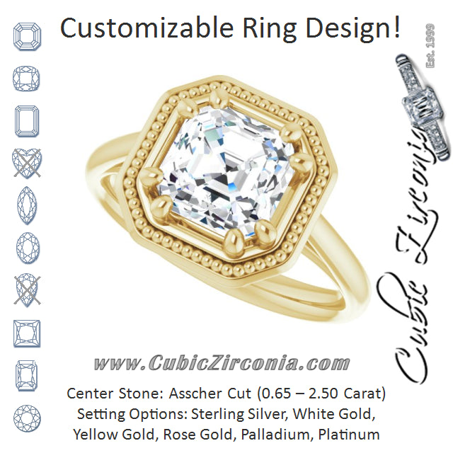 Cubic Zirconia Engagement Ring- The Eve (Customizable Asscher Cut Solitaire with Metallic Drops Halo Lookalike)