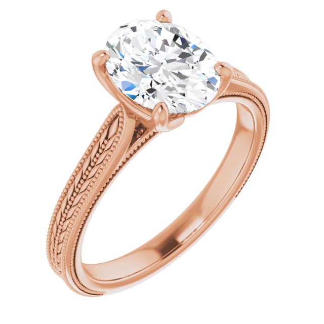 10K Rose Gold Customizable Oval Cut Solitaire with Wheat-inspired Band 