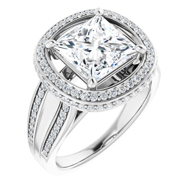 10K White Gold Customizable Halo-style Princess/Square Cut with Under-halo & Ultra-wide Band