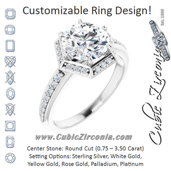 Cubic Zirconia Engagement Ring- The Gwen Noelle (Customizable Round Cut Design with Geometric Under-Halo and Shared Prong Band)