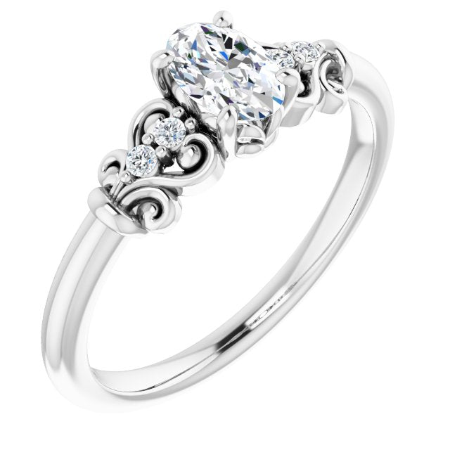 10K White Gold Customizable Vintage 5-stone Design with Oval Cut Center and Artistic Band Décor