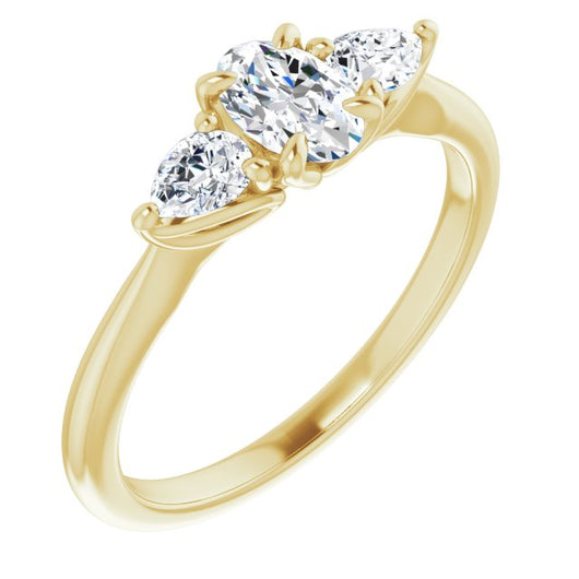 10K Yellow Gold Customizable 3-stone Design with Oval Cut Center and Dual Large Pear Side Stones