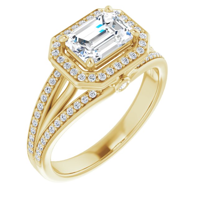 10K Yellow Gold Customizable High-set Emerald/Radiant Cut Design with Halo, Wide Tri-Split Shared Prong Band and Round Bezel Peekaboo Accents