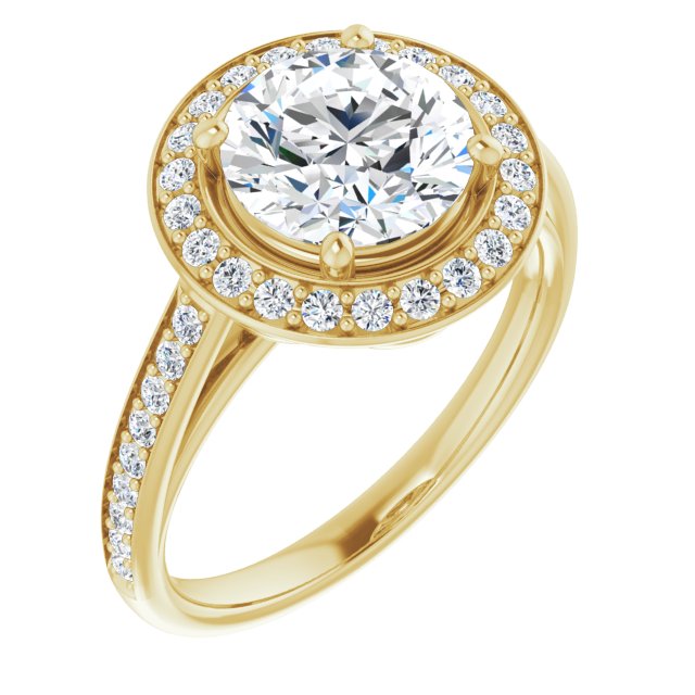 14K Yellow Gold Customizable Cathedral-raised Round Cut Halo-and-Accented Band Design