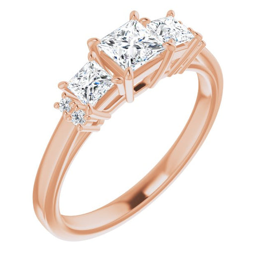 10K Rose Gold Customizable Triple Princess/Square Cut Design with Quad Vertical-Oriented Round Accents