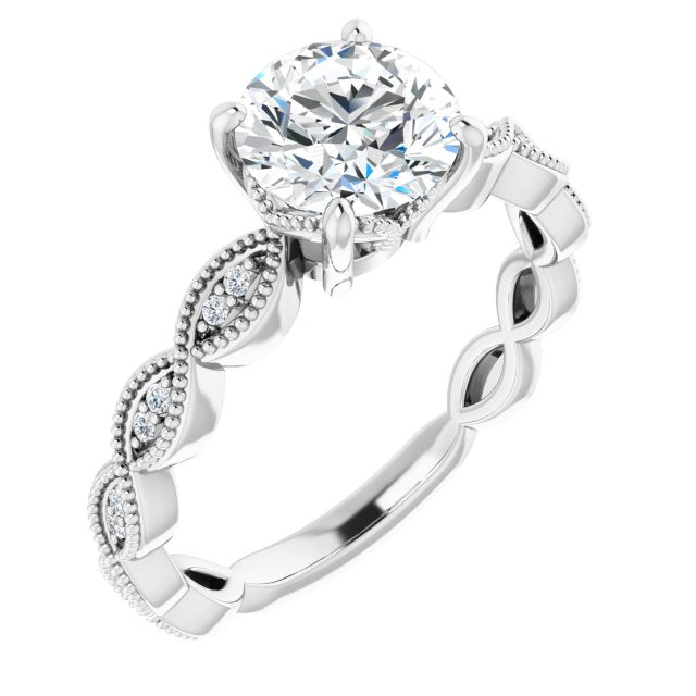 10K White Gold Customizable Round Cut Artisan Design with Scalloped, Round-Accented Band and Milgrain Detail