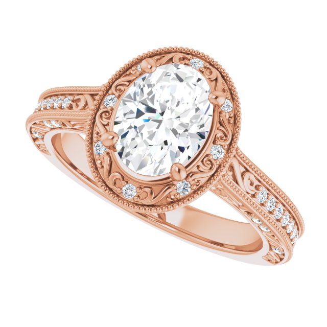Cubic Zirconia Engagement Ring- The Eowyn (Customizable Vintage Artisan Oval Cut Design with 3-Sided Filigree and Side Inlay Accent Enhancements)