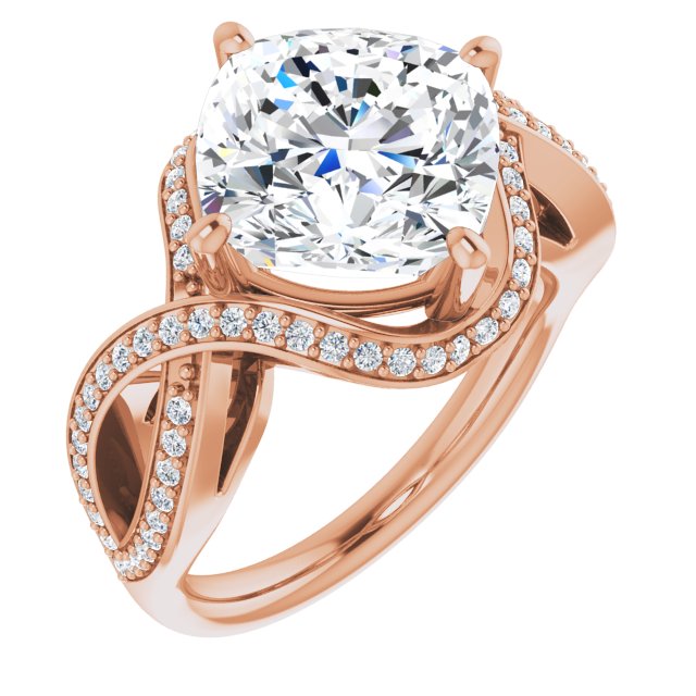 10K Rose Gold Customizable Cushion Cut Design with Twisting, Infinity-Shared Prong Split Band and Bypass Semi-Halo