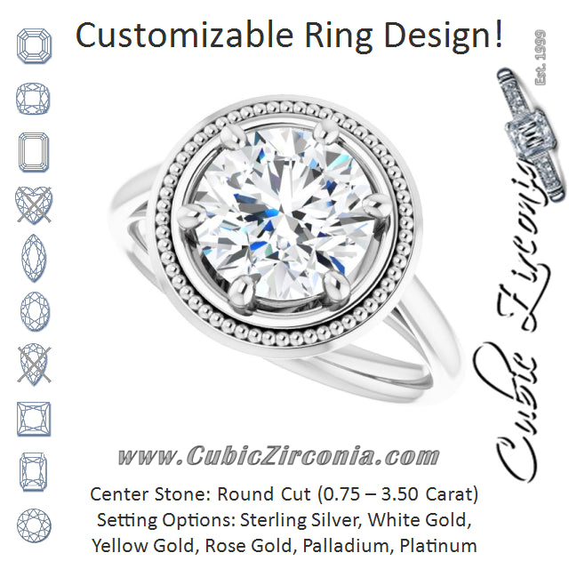 Cubic Zirconia Engagement Ring- The Eve (Customizable Round Cut Solitaire with Metallic Drops Halo Lookalike)