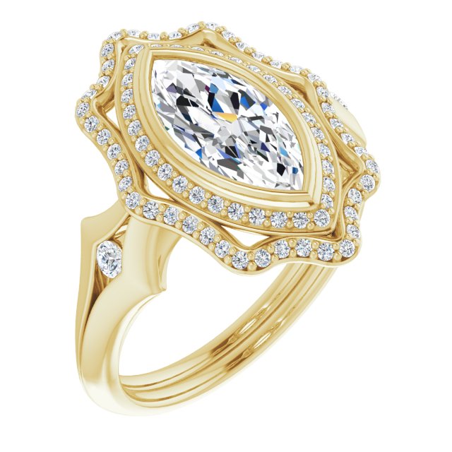 Cubic Zirconia Engagement Ring- The Cyra (Customizable Cathedral-bezel Marquise Cut Design with Floral Double Halo and Channel-Accented Split Band)