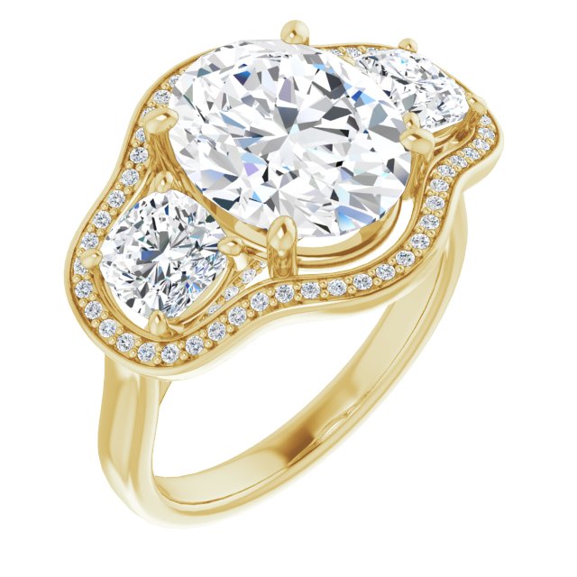 10K Yellow Gold Customizable 3-stone Design with Oval Cut Center, Cushion Side Stones, Triple Halo and Bridge Under-halo
