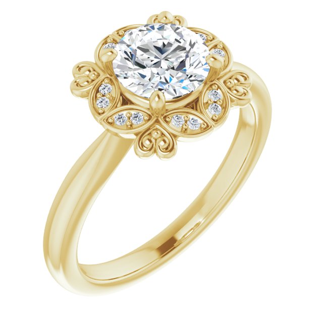 10K Yellow Gold Customizable Round Cut Design with Floral Segmented Halo & Sculptural Basket
