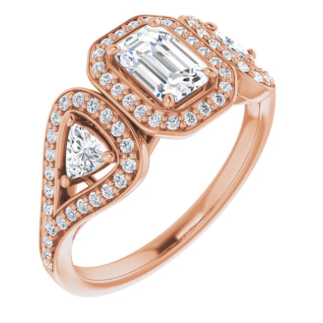 10K Rose Gold Customizable Cathedral-set Emerald/Radiant Cut Design with 2 Trillion Cut Accents, Halo and Split-Shared Prong Band