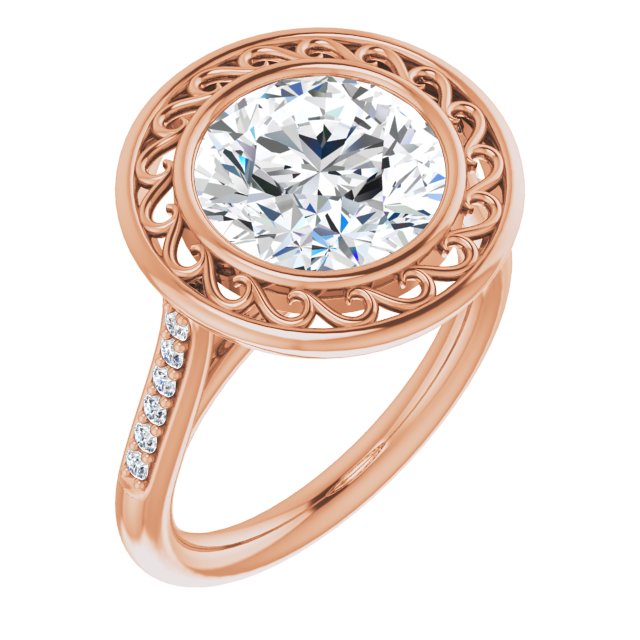 10K Rose Gold Customizable Cathedral-Bezel Round Cut Design with Floral Filigree and Thin Shared Prong Band