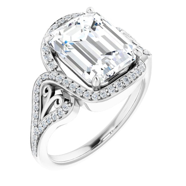 10K White Gold Customizable Emerald/Radiant Cut Design with Bypass Halo and Split-Shared Prong Band