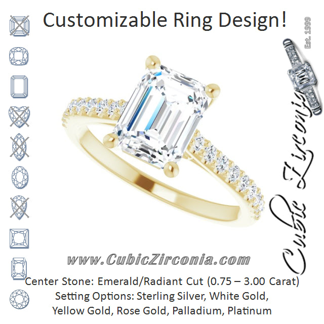 Cubic Zirconia Engagement Ring- The Diane (Customizable Cathedral-raised Radiant Cut Design with Accented Band and Infinity Symbol Trellis Decoration)