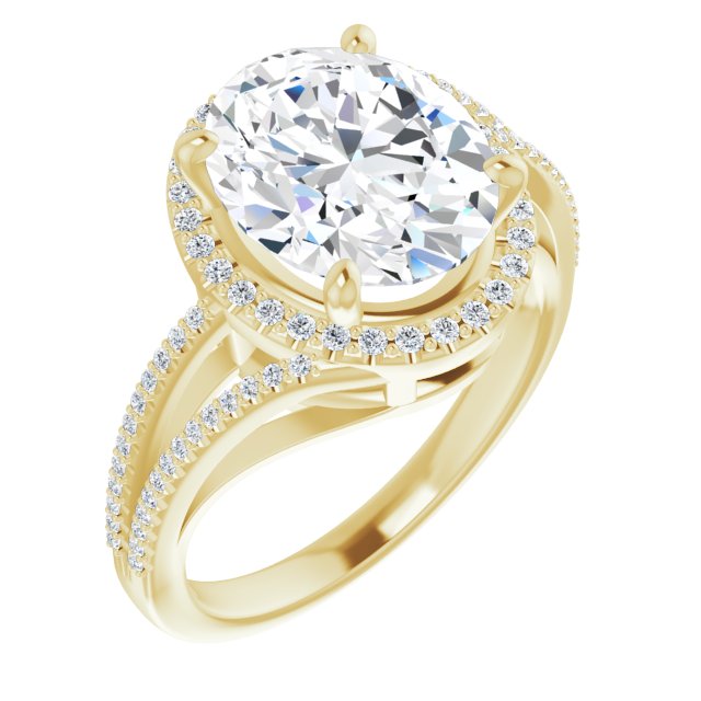 10K Yellow Gold Customizable Oval Cut Vintage Design with Halo Style and Asymmetrical Split-Pavé Band