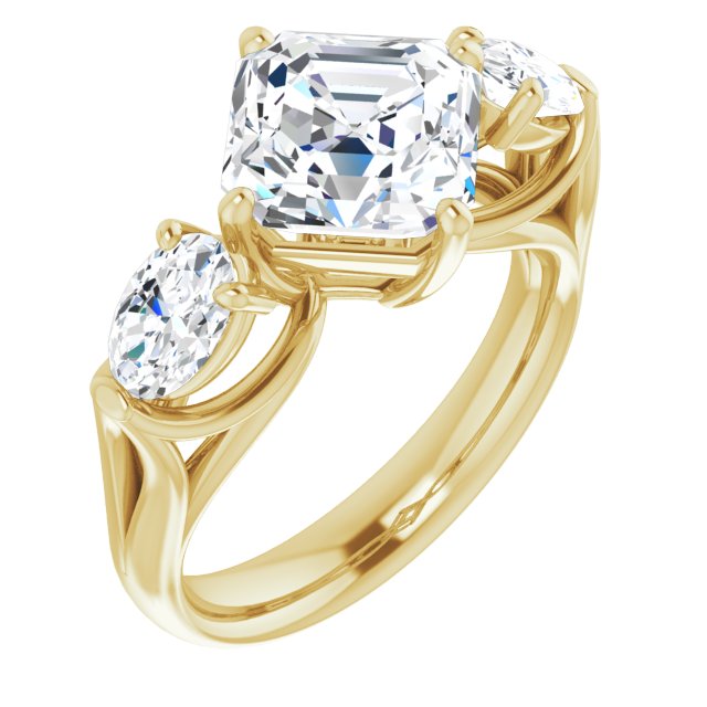 10K Yellow Gold Customizable Cathedral-set 3-stone Asscher Cut Style with Dual Oval Cut Accents & Wide Split Band